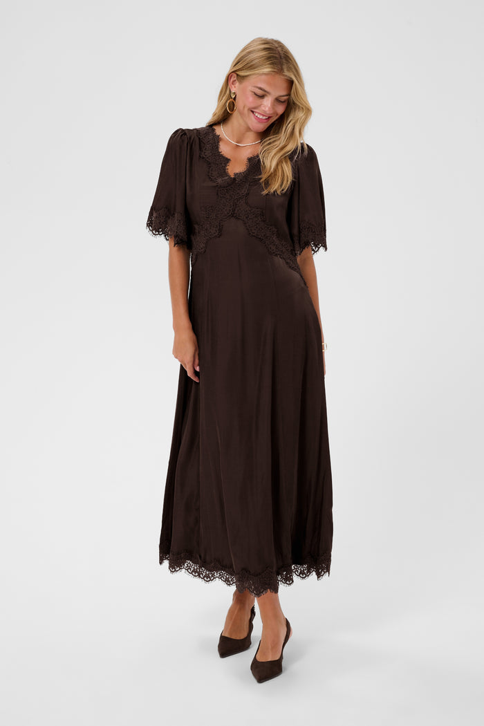 Cream 10615319 Confir Lace Maxi Dress in Java Brown on model. Shop Cream at Dotique.