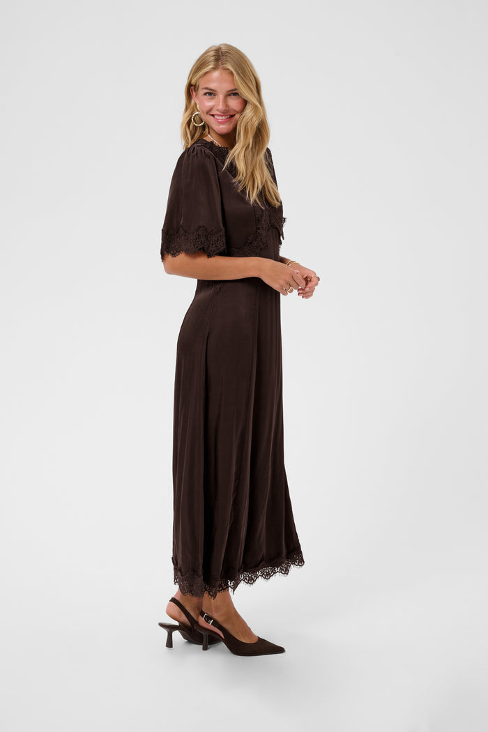 Cream 10615319 Confir Lace Maxi Dress in Java Brown on model. Shop Cream at Dotique.