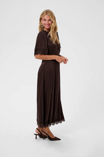 Cream 10615319 Confir Lace Maxi Dress in Java Brown on model. Shop Cream at Dotique.
