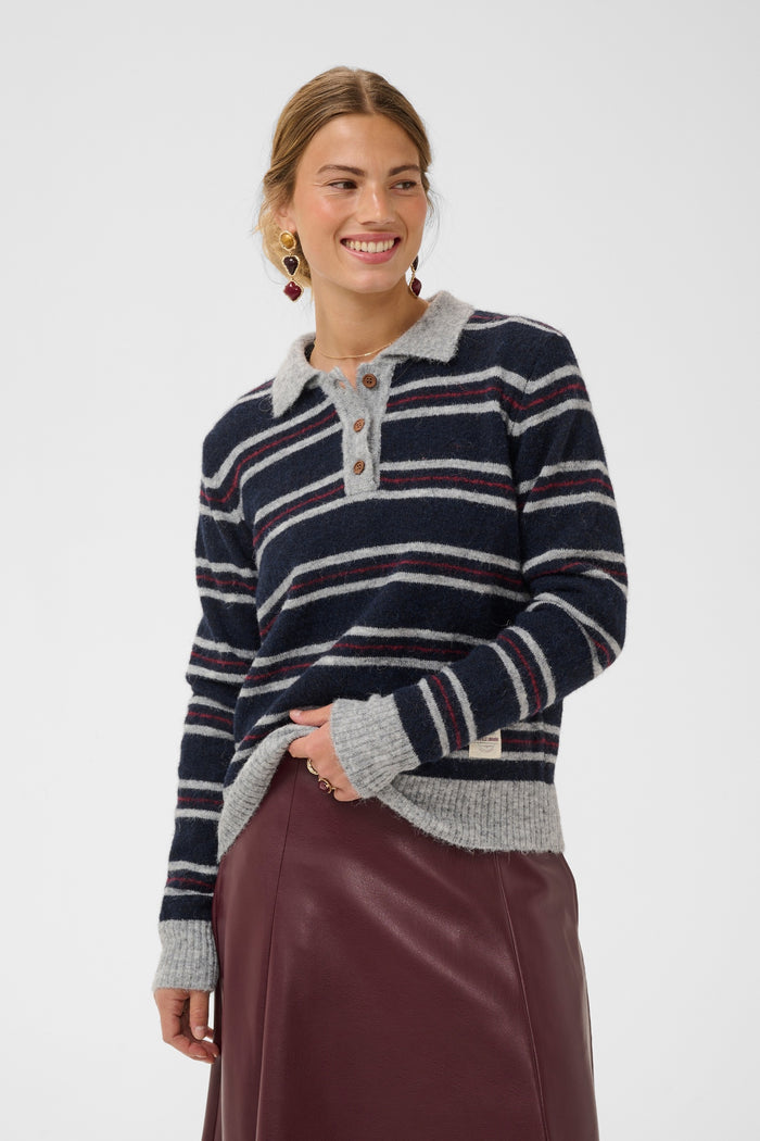 Cream 10615326 Ditte Striped Polo Pullover in Navy on model. Shop Cream at Dotique.