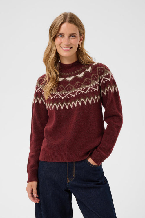 Cream 10615330 CRCherrie Pullover Cabernet Island - Burgundy patterned jumper on model. Shop Cream at Dotique.