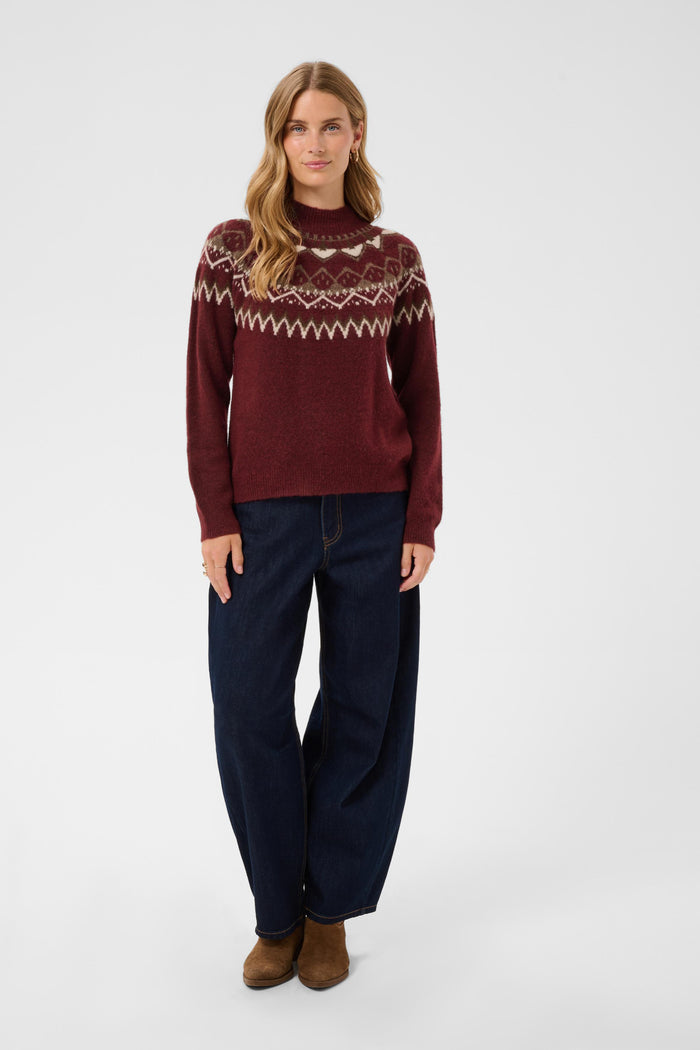 Cream 10615330 CRCherrie Pullover Cabernet Island burgundy patterned jumper on model. Shop Cream at Dotique.