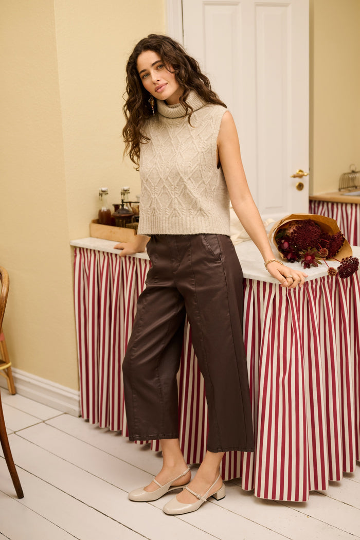 Cream 10615348 CRWinni Coated Ankle Trousers in Java Brown on model. Shop Cream at Dotique.