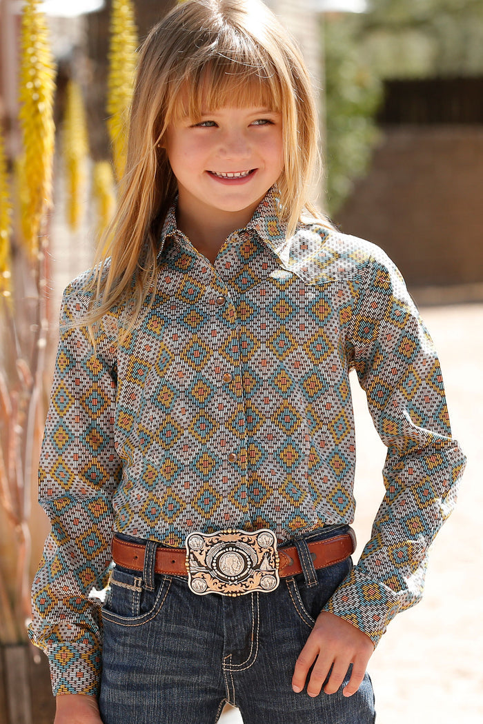 Cruel Girl's Geometric Long Sleeve Western Snap Shirt in Multi-Color
