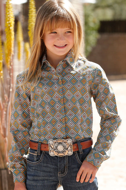 Cruel Girl's Geometric Long Sleeve Western Snap Shirt in Multi-Color