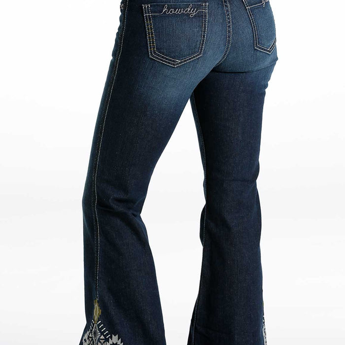 Cruel Hannah Embroidered Flare Indigo in Dark Stone Wash
