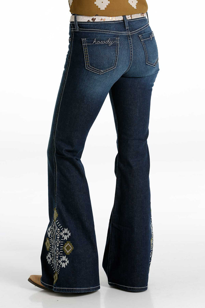 Cruel Hannah Embroidered Flare Indigo in Dark Stone Wash