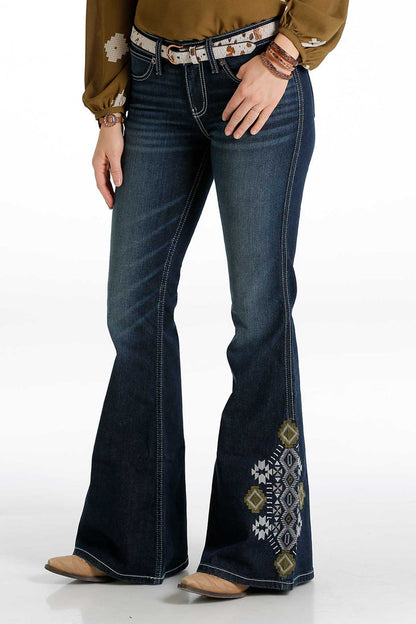 Cruel Hannah Embroidered Flare Indigo in Dark Stone Wash