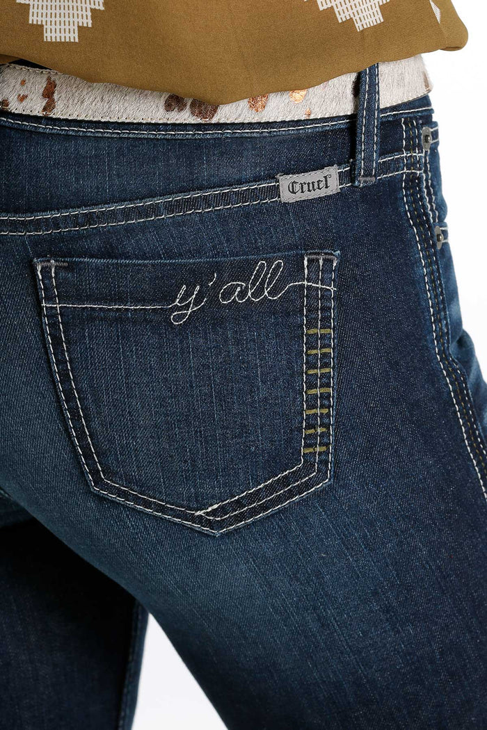 Cruel Hannah Embroidered Flare Indigo in Dark Stone Wash