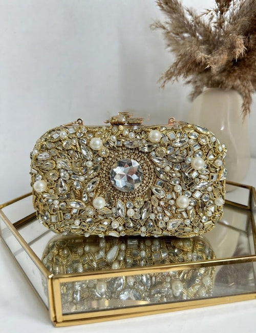 Crystal Box Clutch – Gold Rhinestone Bridal Handbag with Chain