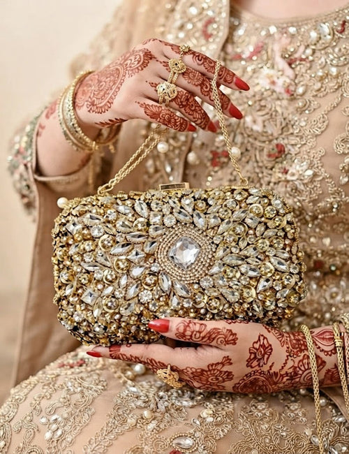 Crystal Box Clutch – Gold Rhinestone Bridal Handbag with Chain