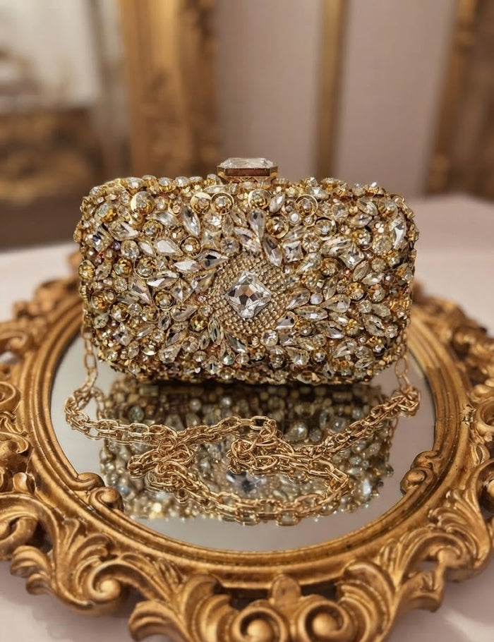 Crystal Box Clutch – Gold Rhinestone Bridal Handbag with Chain