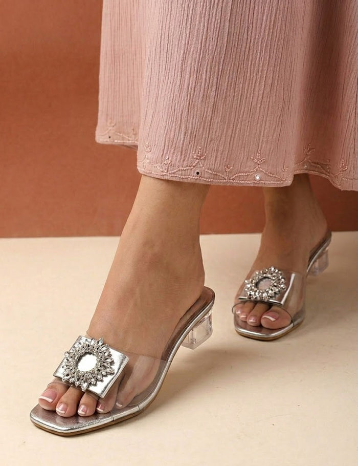 Crystal Embellished Clear Block Heels