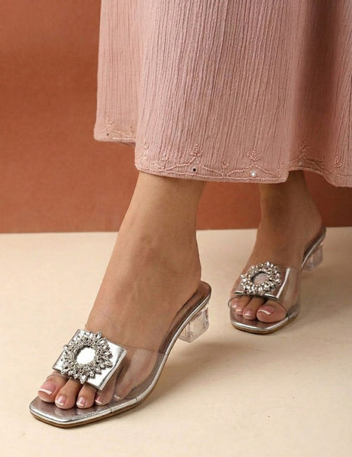 Crystal Embellished Clear Block Heels
