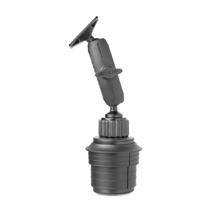 The AMPS Mounting Pattern with Cup Holder Mount is a black, adjustable car mount with an adjustable arm and rotating top attachment for holding devices. It stands upright on a plain white background.