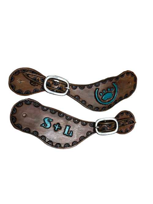 Custom Hand tooled and painted brand spur straps