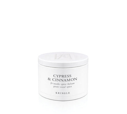 Cypress & Cinnamon Scent in mini candle tin on a white background by Kringle Candle