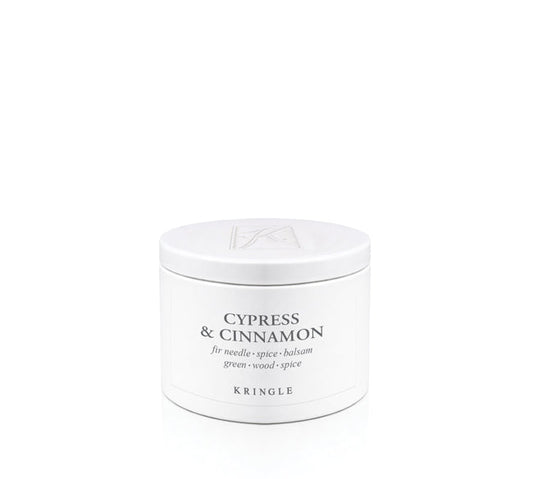 Cypress & Cinnamon Scent in mini candle tin on a white background by Kringle Candle