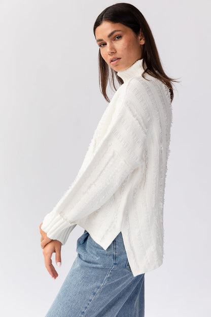 Petal and Pup USA Knitwear Dana Turtleneck Fringe Knit Sweater - White
