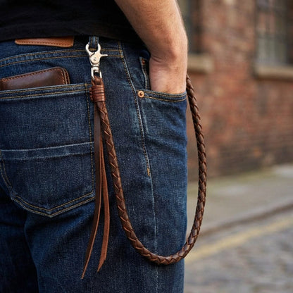 Dark brown genuine braided cowhide leather wallet chain with silver metal clasp attached to belt loop, shown on person wearing blue denim jeans with brown leather wallet in back pocket, urban street style photography
