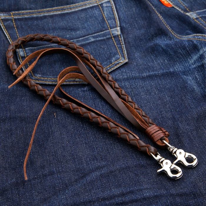 Full view of a dark brown genuine cowhide leather wallet chain with heavy-duty silver clasps.