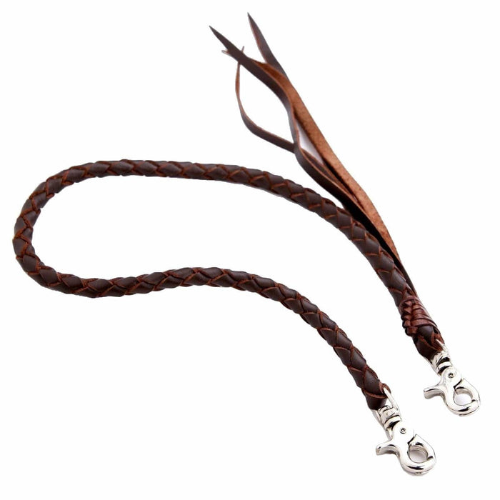 A studio shot of the dark brown hand-braided genuine cowhide leather wallet chain with silver lobster clasps and leather tassels.