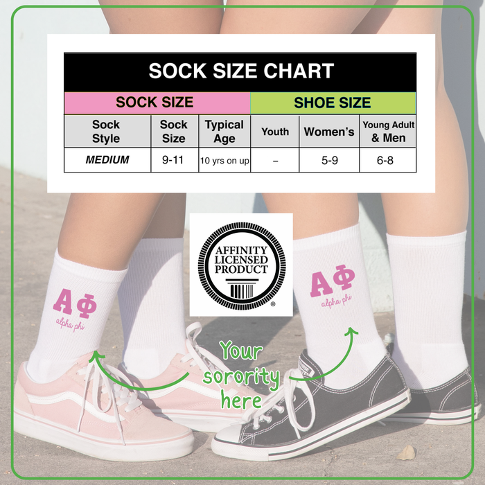 Size chart for officially licensed sorority crew socks showing women's sock sizing, Greek licensing certification, cotton blend construction, and USA-made product information