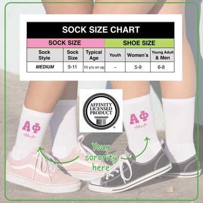 Size chart for officially licensed sorority crew socks showing women's sock sizing, Greek licensing certification, cotton blend construction, and USA-made product information