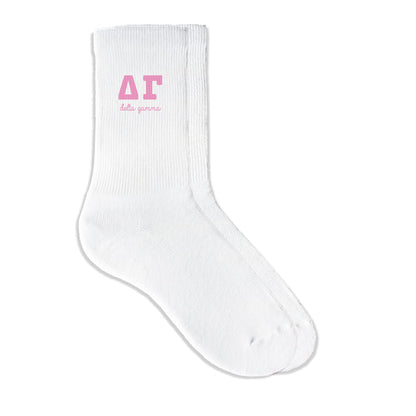 Delta Gamma sorority crew socks featuring Greek letters and sorority name on white sporty crew socks