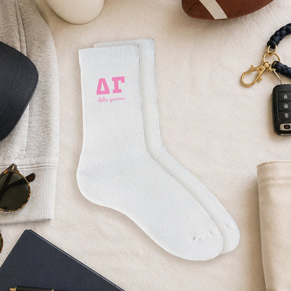 Delta Gamma crew socks styled in a sorority flat lay with Greek life accessories and campus-inspired décor