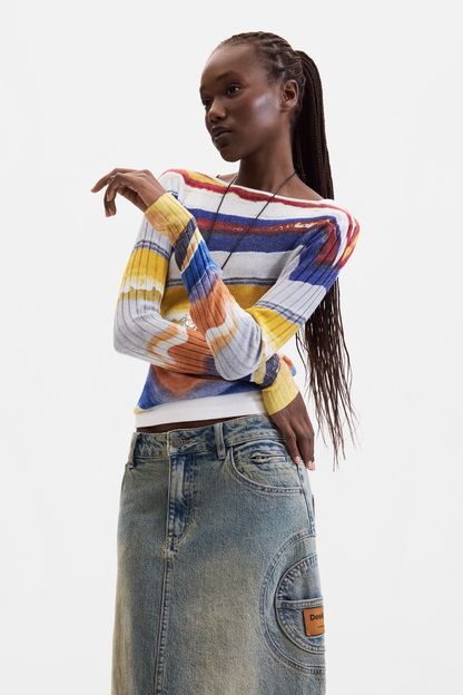 Desigual Printed Fine Knit Jumper – Multicolour worn by model. Shop Desigual at Dotique.
