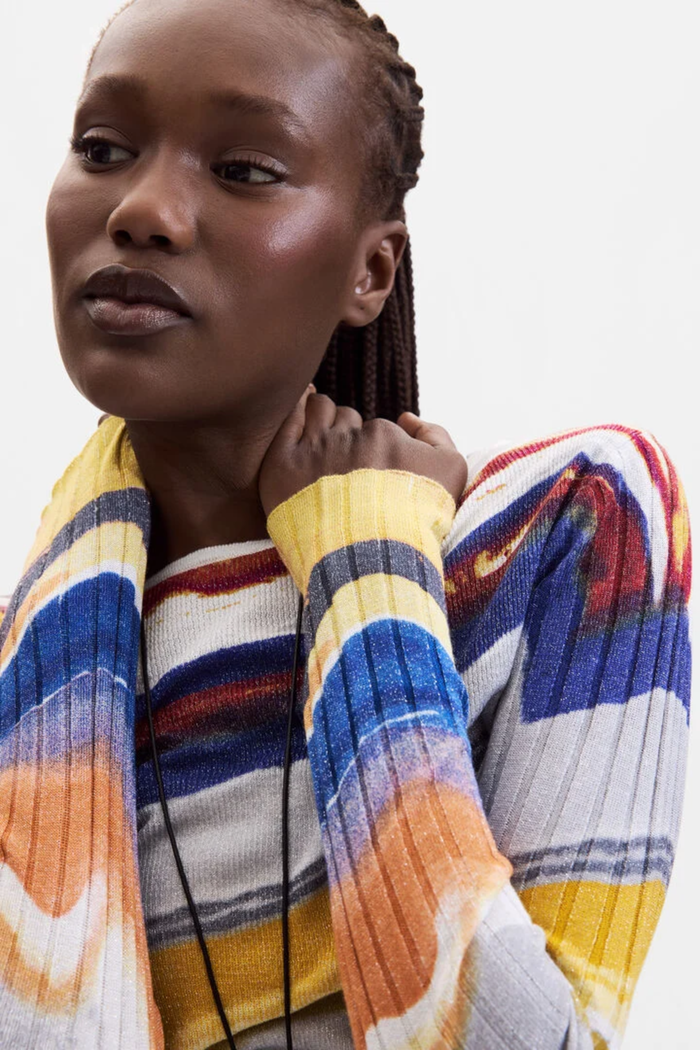 Desigual Printed Fine Knit Jumper – Multicolour worn by model. Shop Desigual at Dotique.