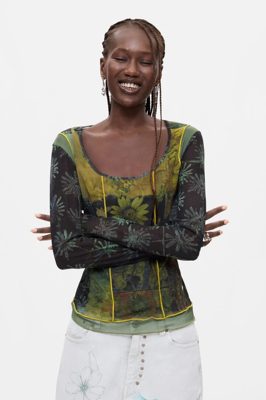 Desigual Printed Long Sleeve Top – Black Multicolour worn by model. Shop Desigual at Dotique.