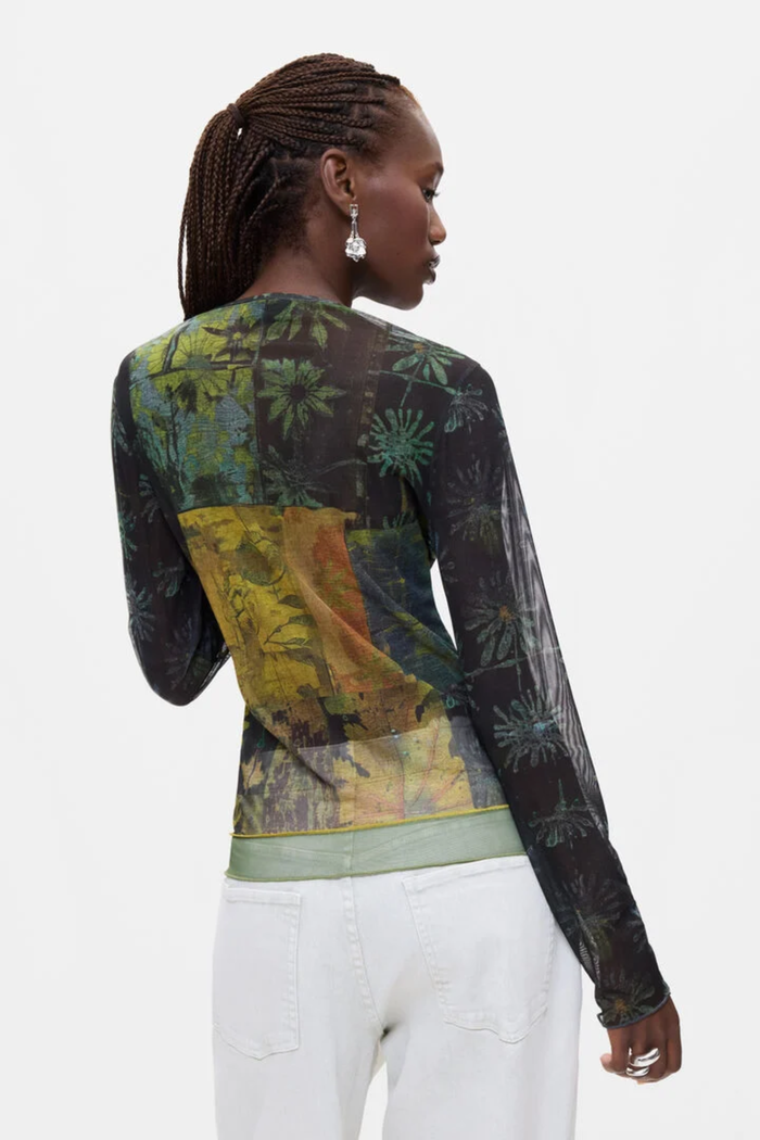 Desigual Printed Long Sleeve Top – Black Multicolour worn by model, back view. Shop Desigual at Dotique.
