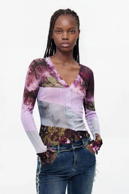 Desigual Printed V-Neck Cardigan – Purple by Desigual. Shop Desigual at Dotique.