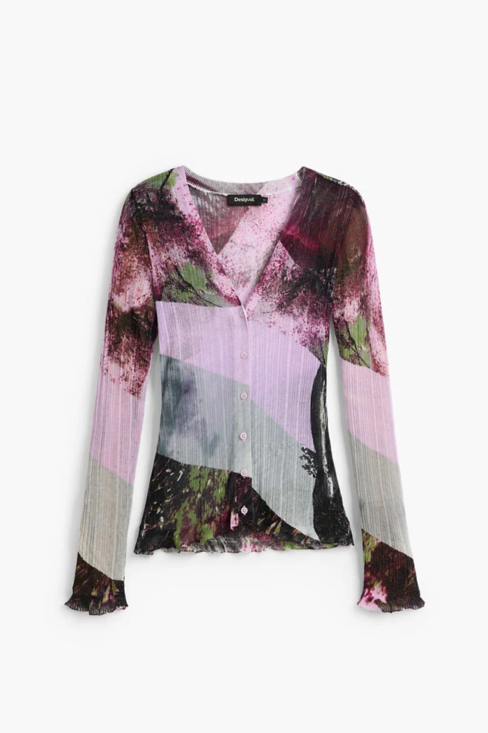 Desigual Printed V-Neck Cardigan – Purple shown from the front by Desigual. Shop Desigual at Dotique.