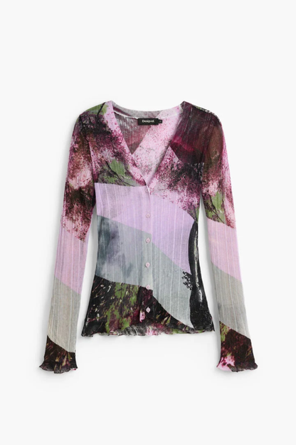 Desigual Printed V-Neck Cardigan – Purple shown from the front by Desigual. Shop Desigual at Dotique.