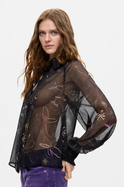 Desigual Sheer Floral Blouse – Black worn by model. Shop Desigual at Dotique.