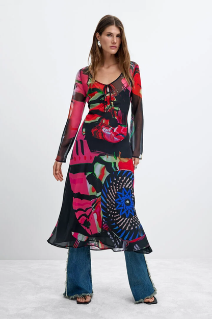 Desigual x M. Christian Lacroix Printed Long Sleeve Midi Dress – Black Multicolour worn by model. Shop Desigual at Dotique