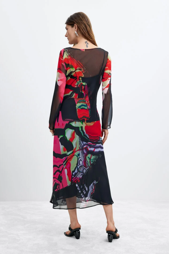 Desigual x M. Christian Lacroix Printed Long Sleeve Midi Dress – Black Multicolour back view. Shop Desigual at Dotique.