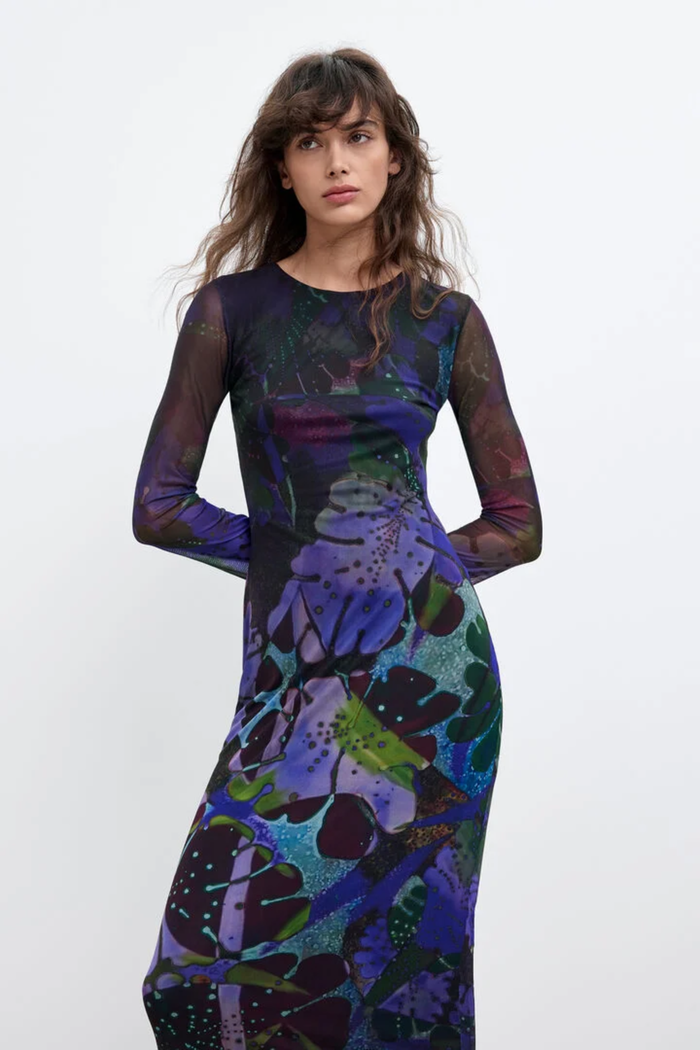 Desigual x M. Christian Lacroix Printed Tulle Maxi Dress – Purple worn by model. Shop Desigual at Dotique.
