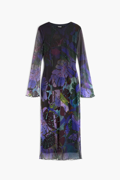 Desigual x M. Christian Lacroix Printed Tulle Maxi Dress – Purple front view. Shop Desigual at Dotique.