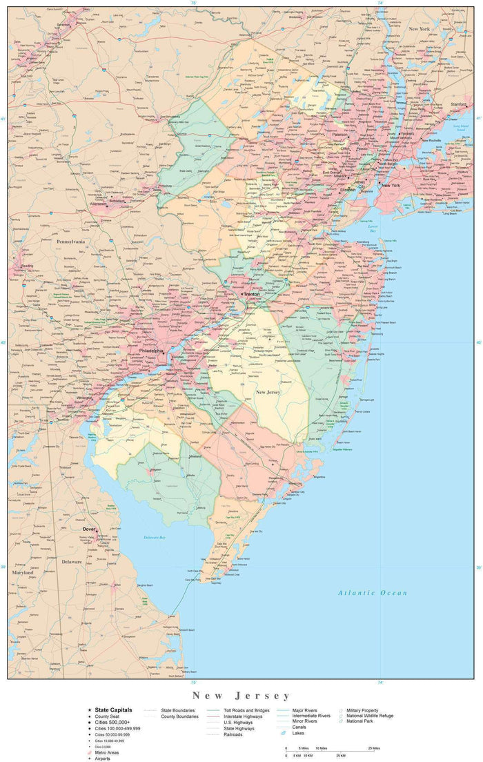 Detailed New Jersey Digital Map with Counties, Cities, Highways, Railroads, Airports, and more