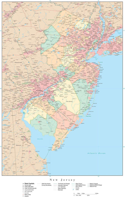 Detailed New Jersey Digital Map with Counties, Cities, Highways, Railroads, Airports, and more