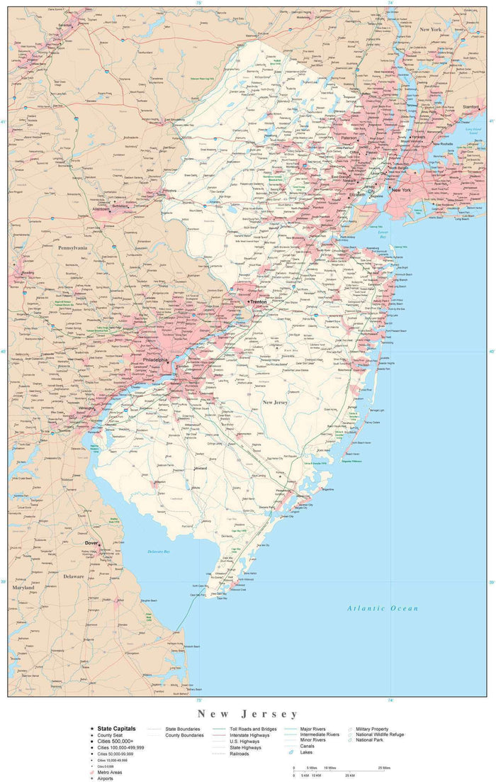 Detailed New Jersey Digital Map with County Boundaries, Cities, Highways, and more
