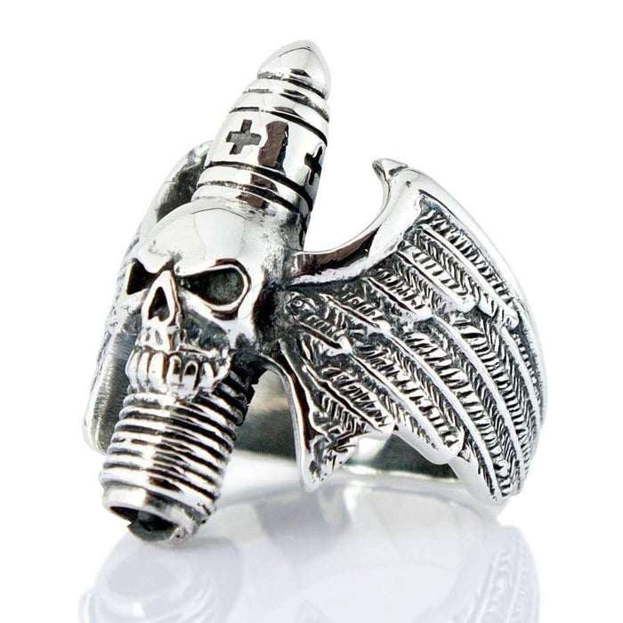 Front view of the Devil Skull Sterling Silver Gothic Wings Ring featuring a detailed skull and textured wing band design.