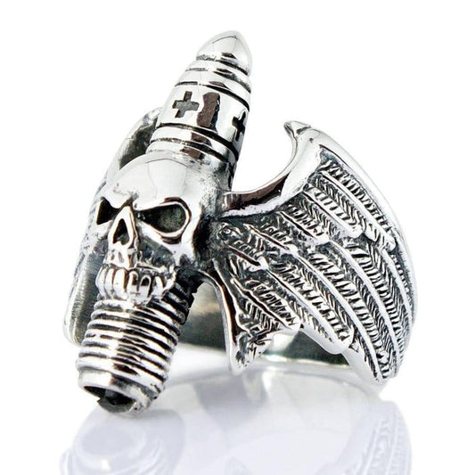 Front view of the Devil Skull Sterling Silver Gothic Wings Ring featuring a detailed skull and textured wing band design.