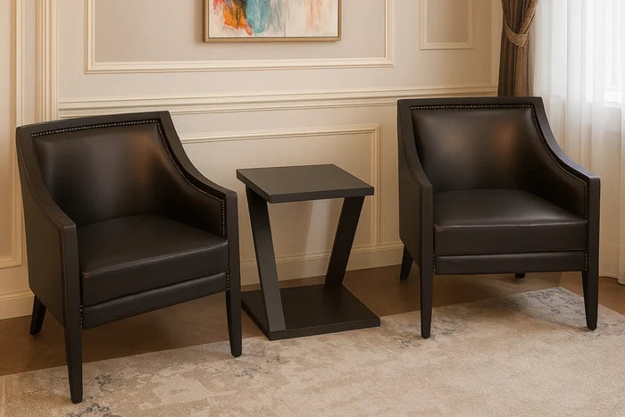 Devine room chair with dark upholstered seat, curved winged back, and tapered legs