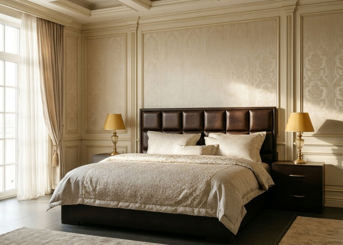 Dark brown upholstered bed with tufted headboard, side tables, and patterned beige duvet