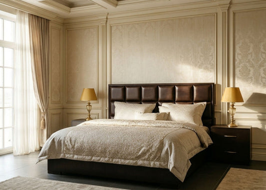 Dark brown upholstered bed with tufted headboard, side tables, and patterned beige duvet